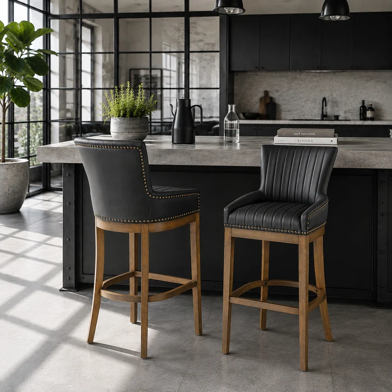 Tabouret de Bar Bois Cuir Véritable - Chiltern Noir