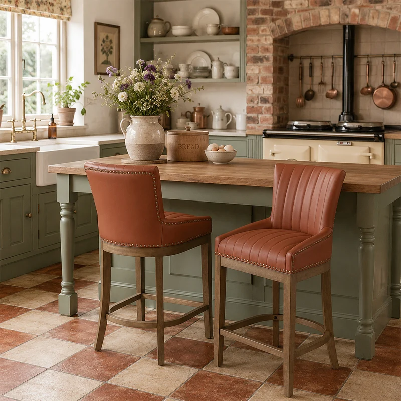 Tabouret de Bar Bois Cuir Véritable - Chiltern Marron