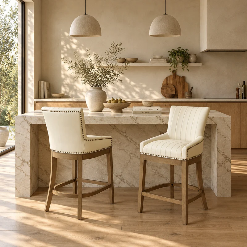Tabouret de Bar Bois Cuir Véritable - Chiltern Crème