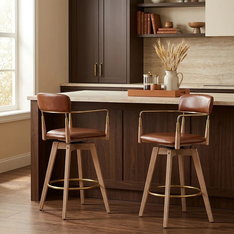Tabouret de Bar Bois Cuir Véritable - Reed Marron
