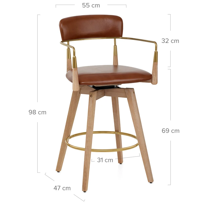 Tabouret de Bar Bois Cuir Véritable - Reed Marron
