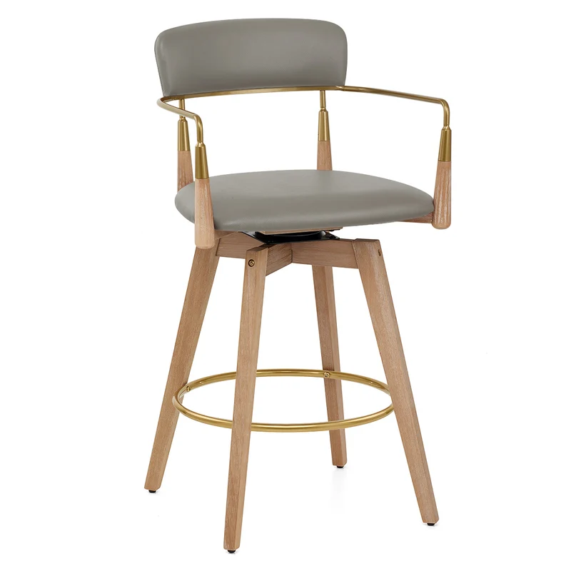 Tabouret de Bar Bois Cuir Véritable - Reed Gris