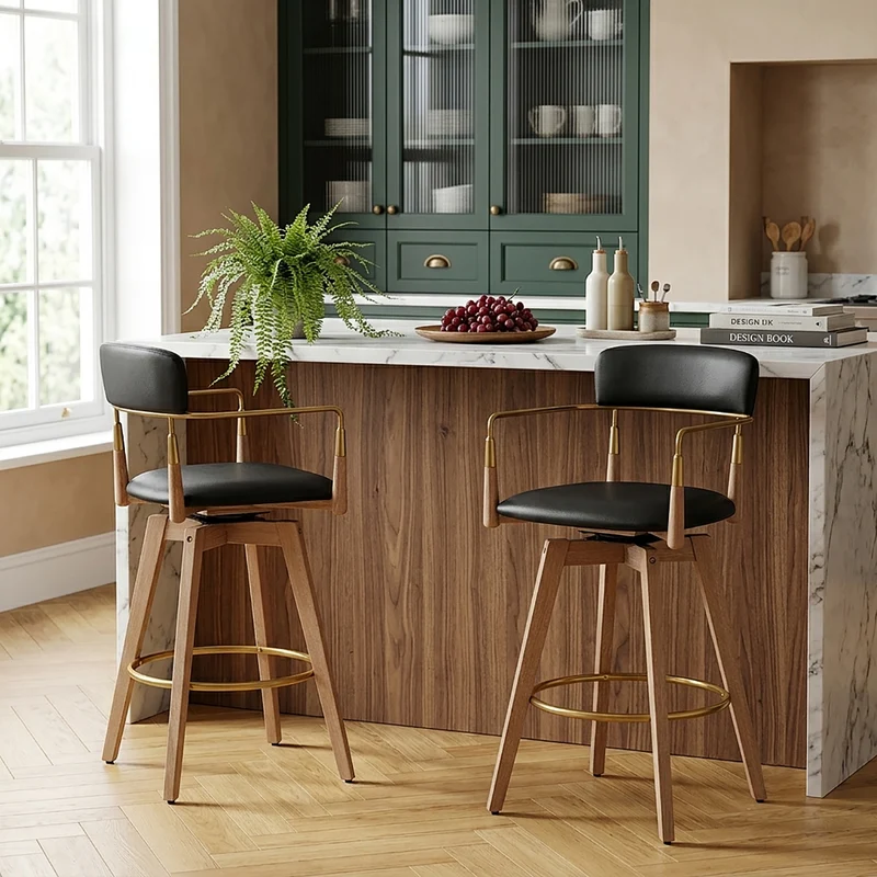 Tabouret de Bar Bois Cuir Véritable - Reed Noir