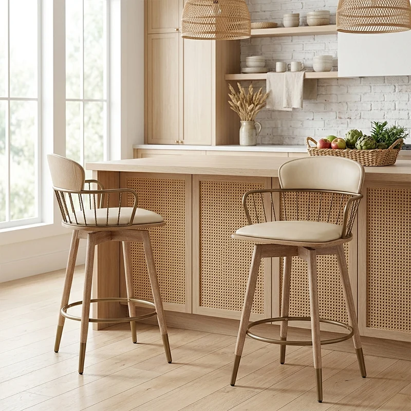 Tabouret de Bar Bois Cuir Véritable - Opera Crème