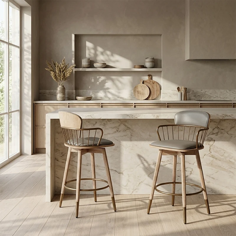 Tabouret de Bar Bois Cuir Véritable - Opera Gris