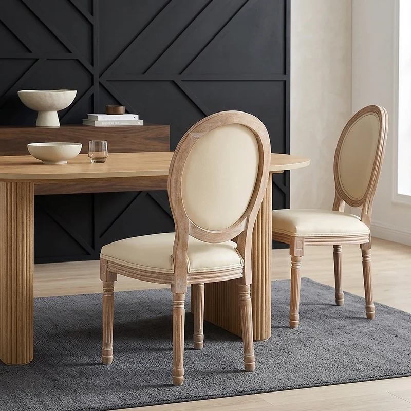 Chaise Bois Cuir Véritable - Louis Crème