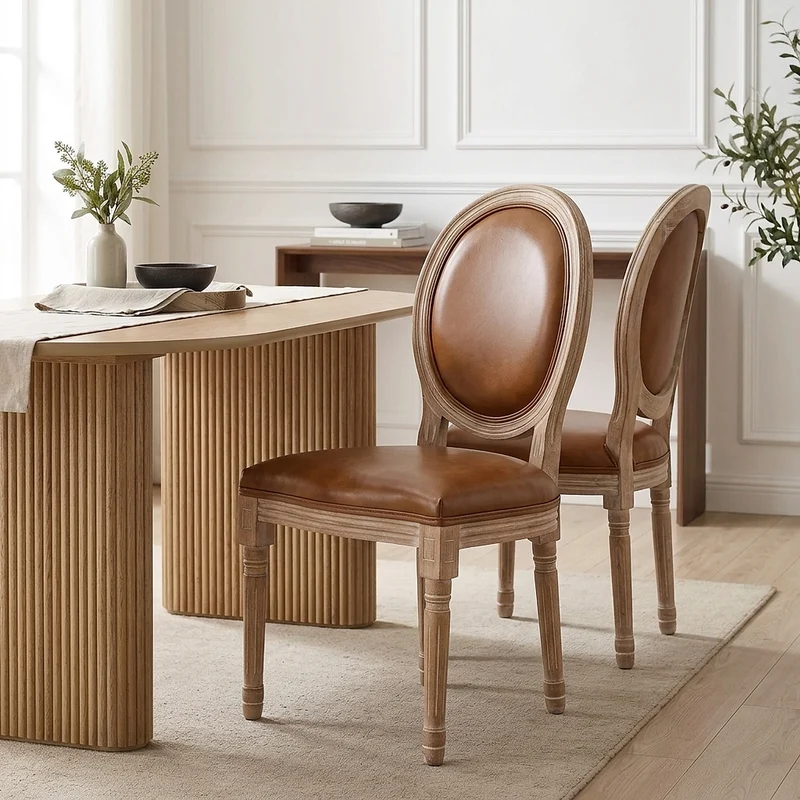 Chaise Bois Cuir Véritable - Louis Marron