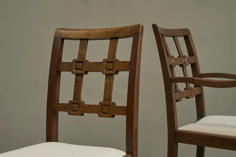 Beautiful Set of 4 French Chairs in Solid Oak and Velvet 1940s