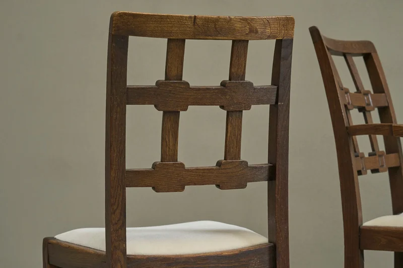 Beautiful Set of 4 French Chairs in Solid Oak and Velvet 1940s