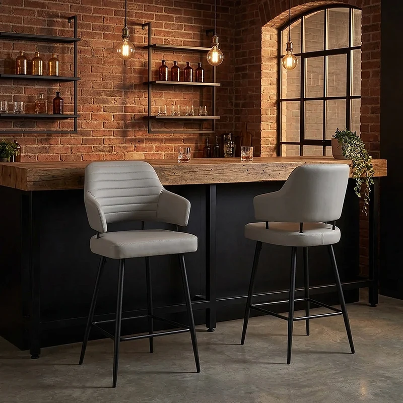 Tabouret Faux Cuir Noir - Hampton Gris Clair