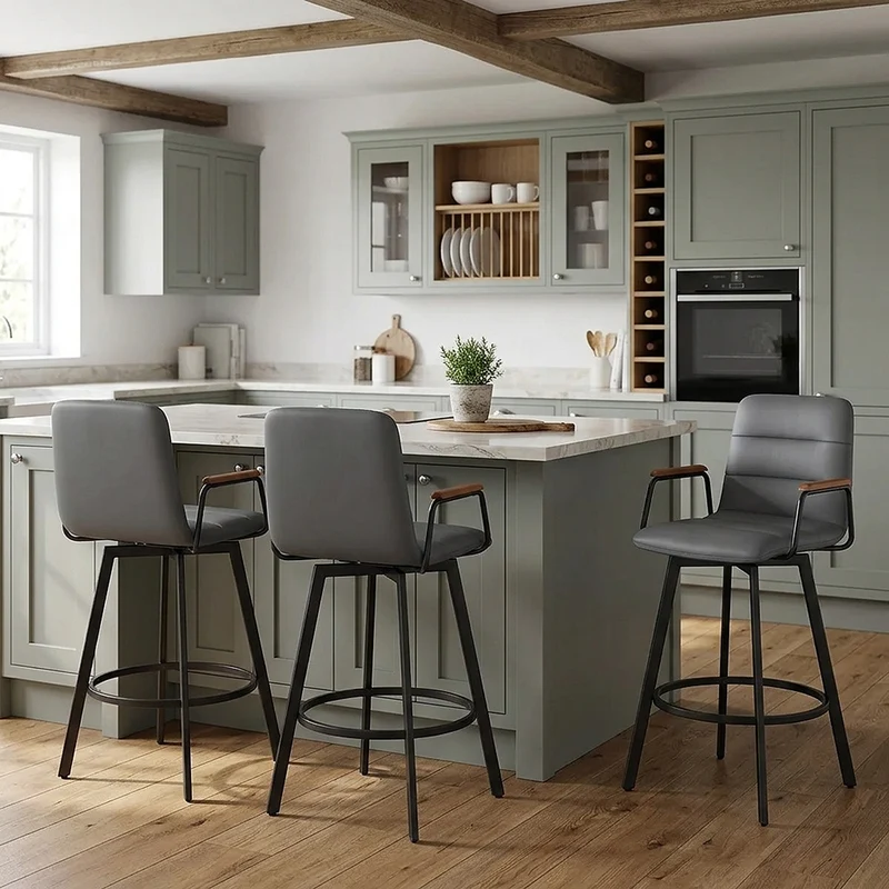 Tabouret Faux Cuir Bois - Marco Gris