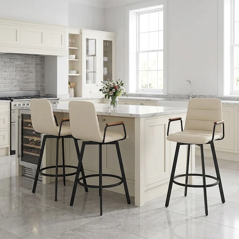 Tabouret Faux Cuir Bois - Marco Crème