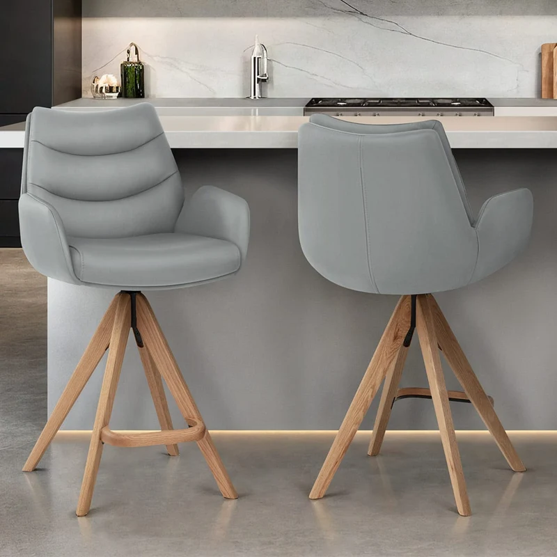 Tabouret de Bar Bois Cuir Veritable - Madrid Gris