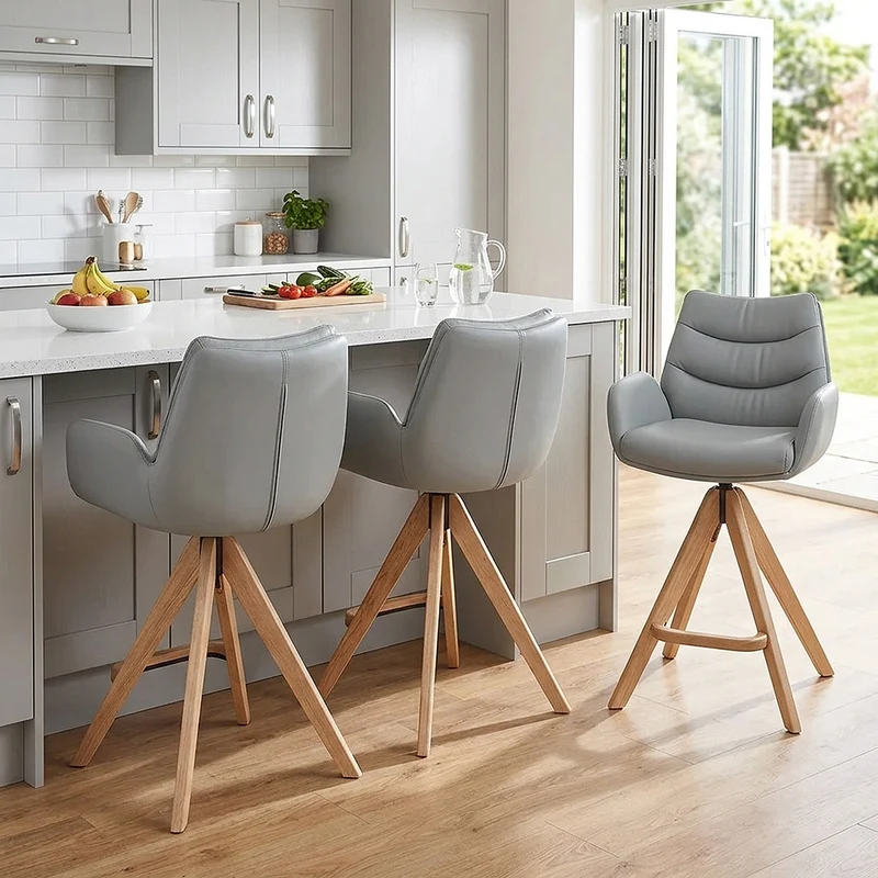 Tabouret de Bar Bois Cuir Veritable - Madrid Gris