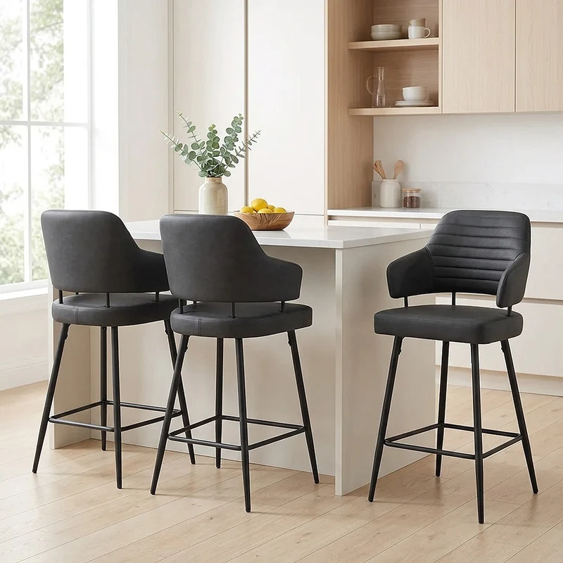 Tabouret Faux Cuir Noir - Hampton Gris Foncé