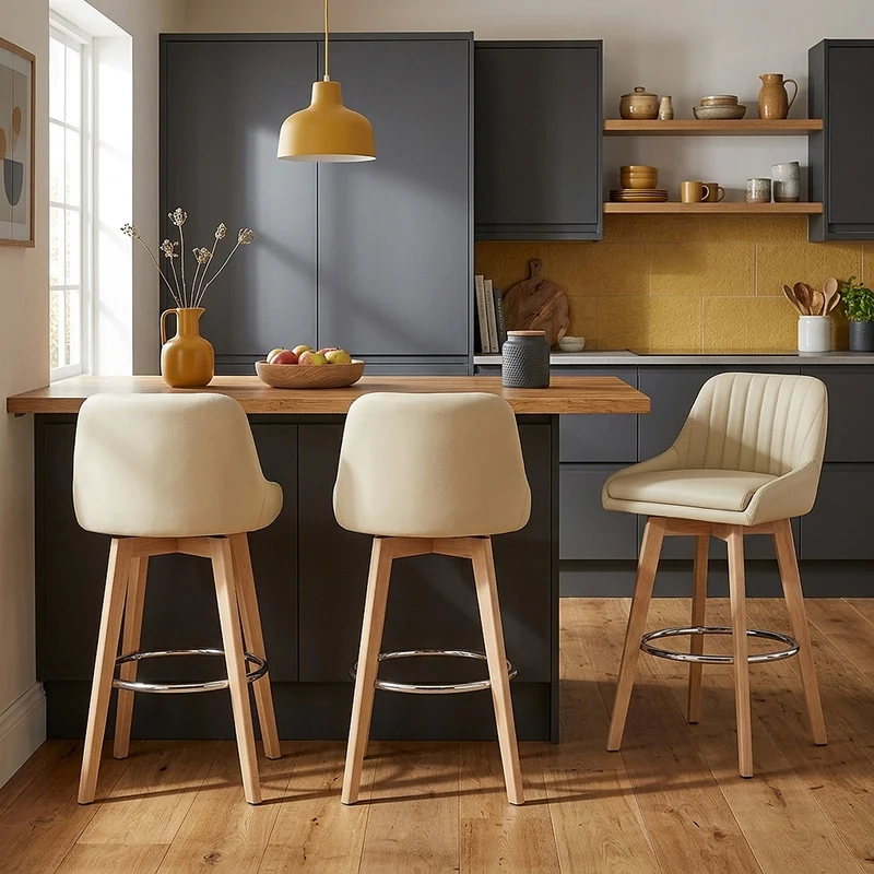 Tabouret de Bar Cuir Veritable Bois - Hamilton Crème