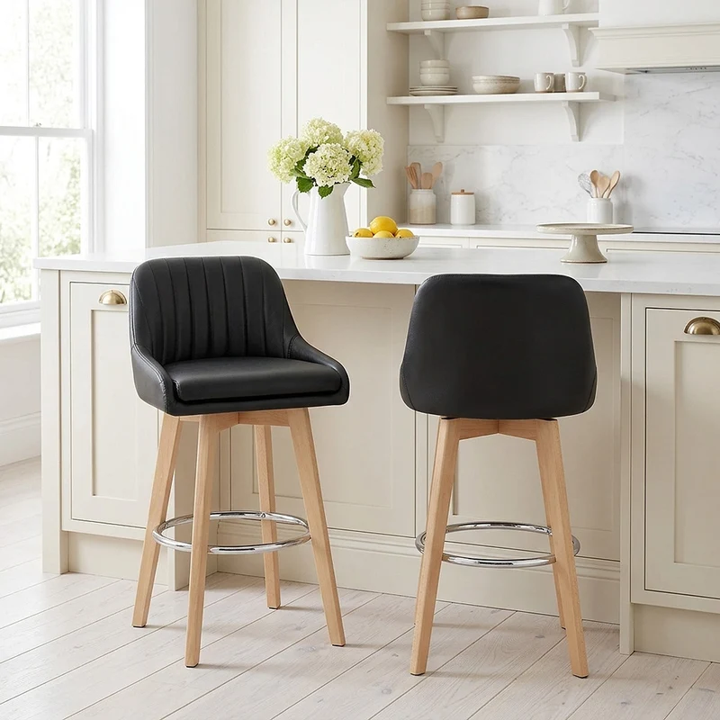 Tabouret de Bar Cuir Veritable Bois - Hamilton Noir