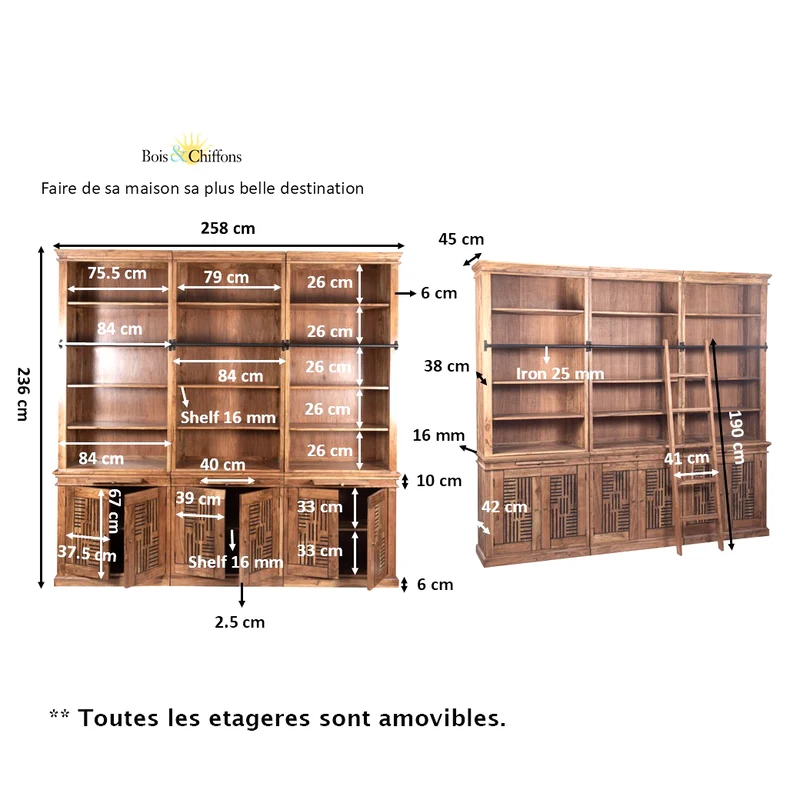 Bibliothèque échelle H235 en acacia massif - Pleiade IV Naturelle
