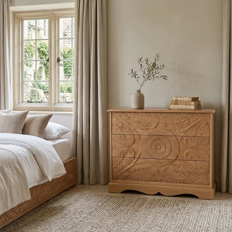 Commode sculptée 3 tiroirs en bois massif manguier - Avrona