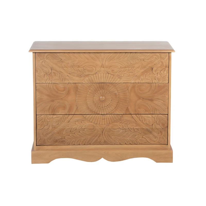 Commode sculptée 3 tiroirs en bois massif manguier - Avrona