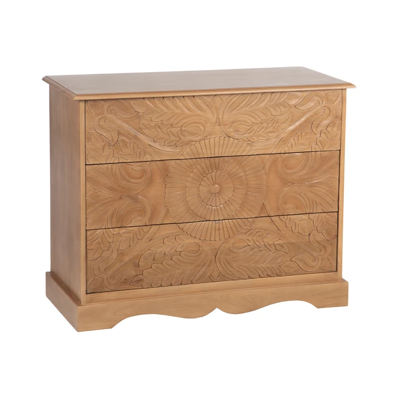 Commode sculptée 3 tiroirs en bois massif manguier - Avrona