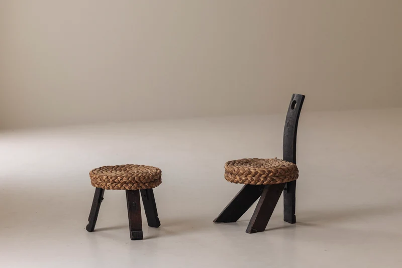 Rare Chair and Matching Stool by Adrien Audoux and Frida Minet, France 1950s