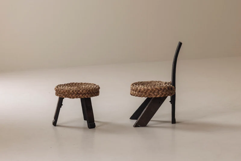 Rare Chair and Matching Stool by Adrien Audoux and Frida Minet, France 1950s