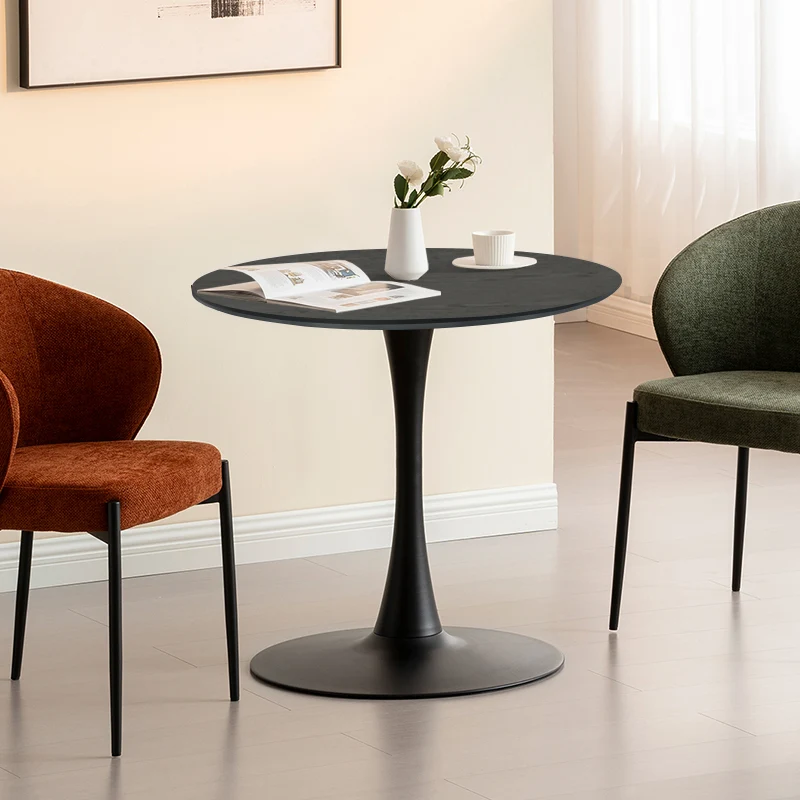 Table de salle à manger ronde Tiana [Travertin & Bois noir] [80 cm]