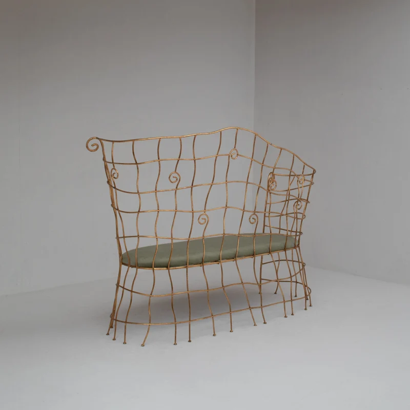 Sculptural Gilt Metal Bench with Green Upholstery