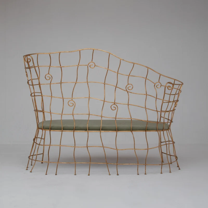 Sculptural Gilt Metal Bench with Green Upholstery