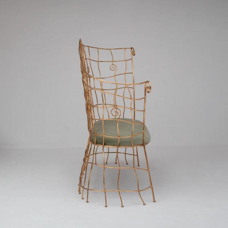 Sculptural Gilt Metal Bench with Green Upholstery