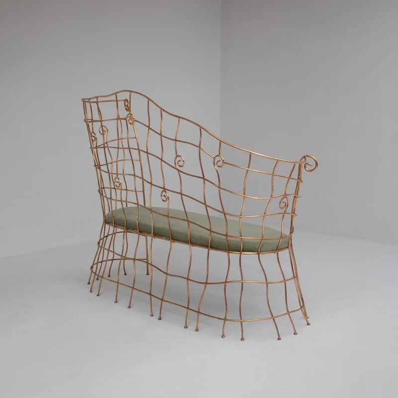 Sculptural Gilt Metal Bench with Green Upholstery