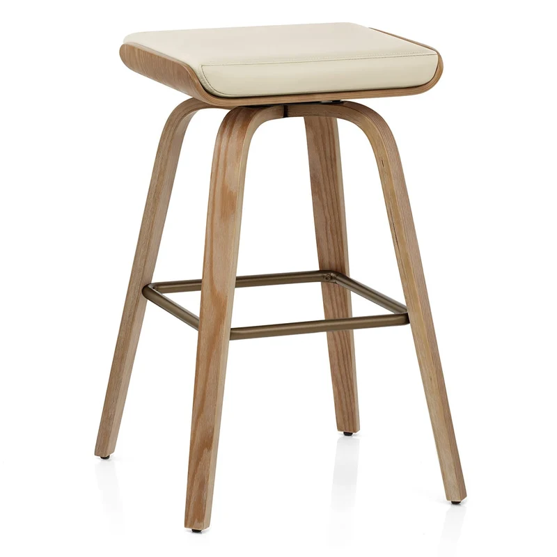 Tabouret de Bar Cuir Veritable Bois - Remy Crème