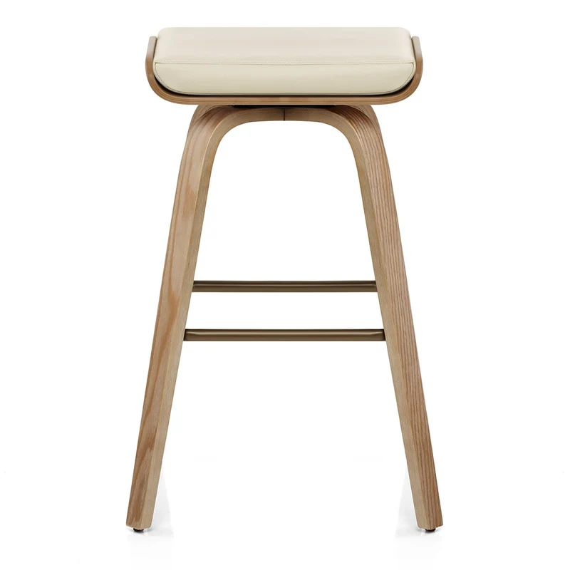 Tabouret de Bar Cuir Veritable Bois - Remy Crème