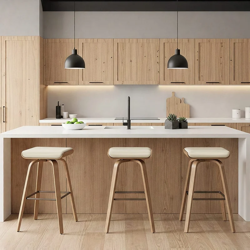 Tabouret de Bar Cuir Veritable Bois - Remy Crème