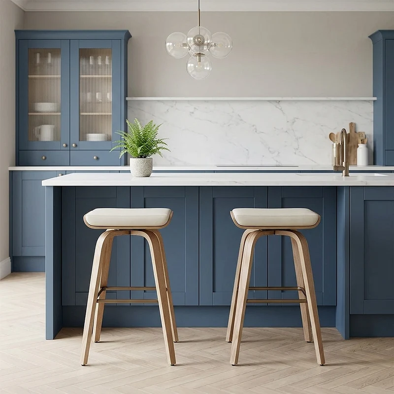 Tabouret de Bar Cuir Veritable Bois - Remy Crème