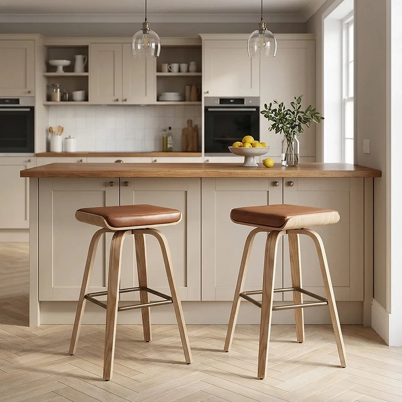 Tabouret de Bar Cuir Veritable Bois - Remy Marron