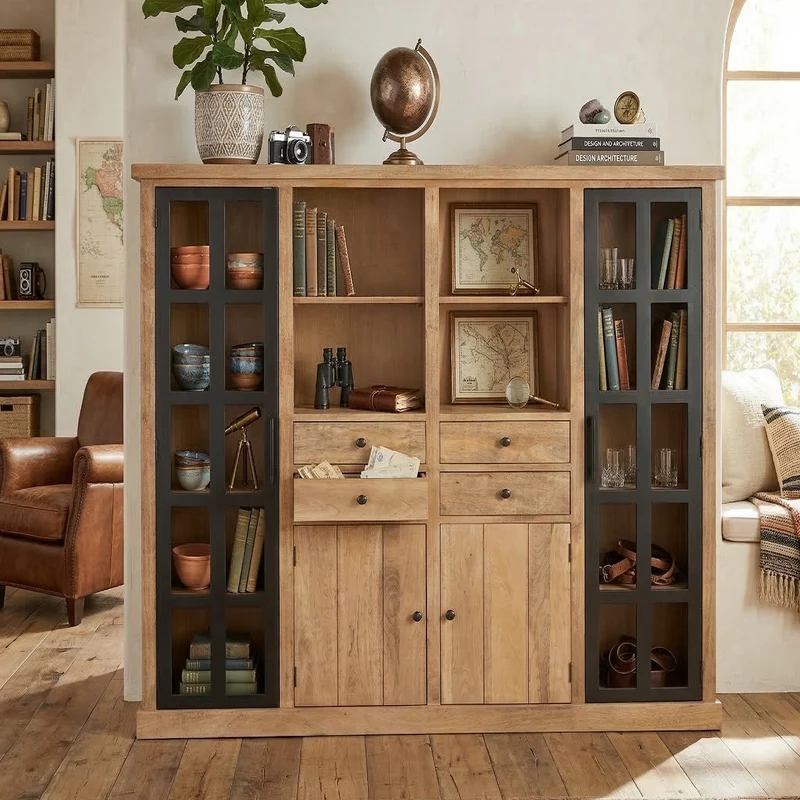 Buffet haut 2P vitree 2 portes 4 tiroirs bois massif en manguier – Scandinaves