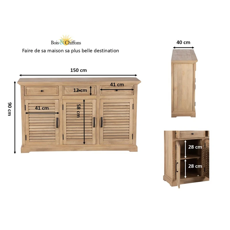 Buffet 3 tiroirs 3 portes bois massif en manguier – Paran