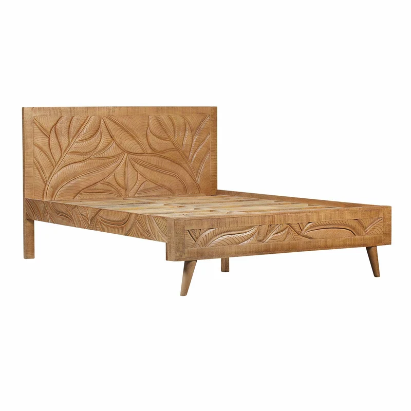 Lit sculpté 160 cm en bois massif manguier - Floria