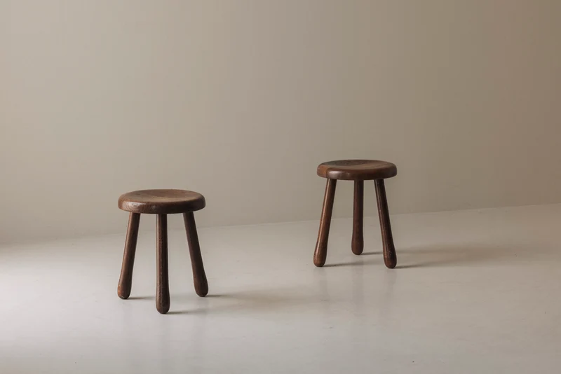 Set of Two Tripod Solid Elm Stools, France 1960s