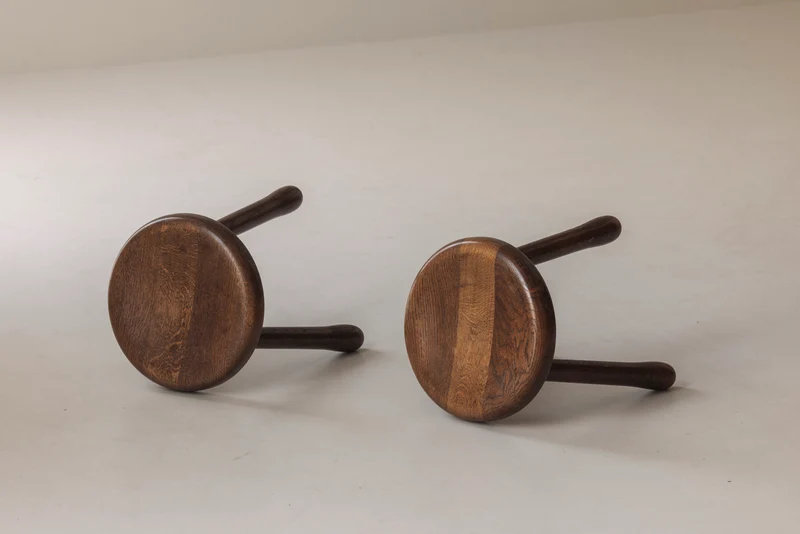 Set of Two Tripod Solid Elm Stools, France 1960s