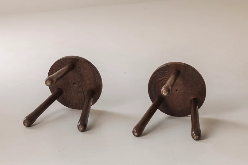 Set of Two Tripod Solid Elm Stools, France 1960s