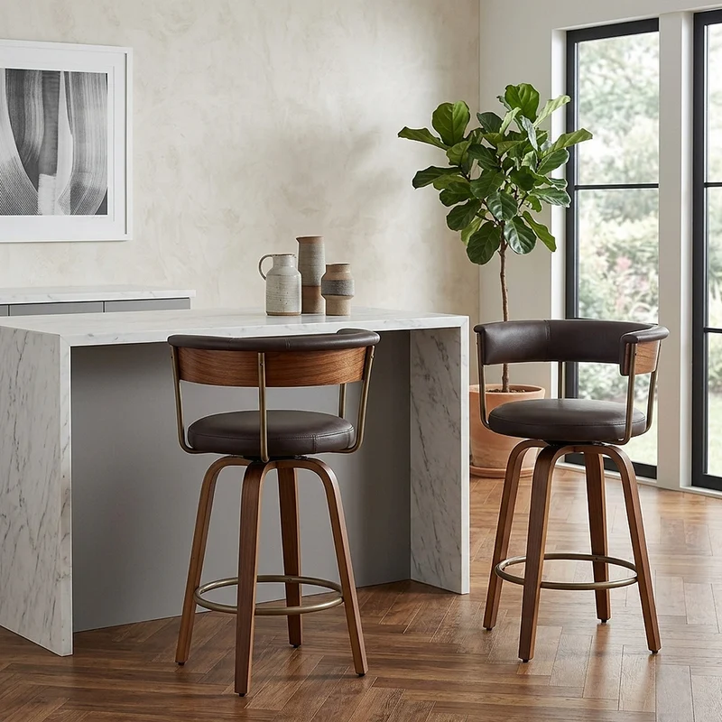 Tabouret de Bar Faux Cuir Bois - Costa Marron