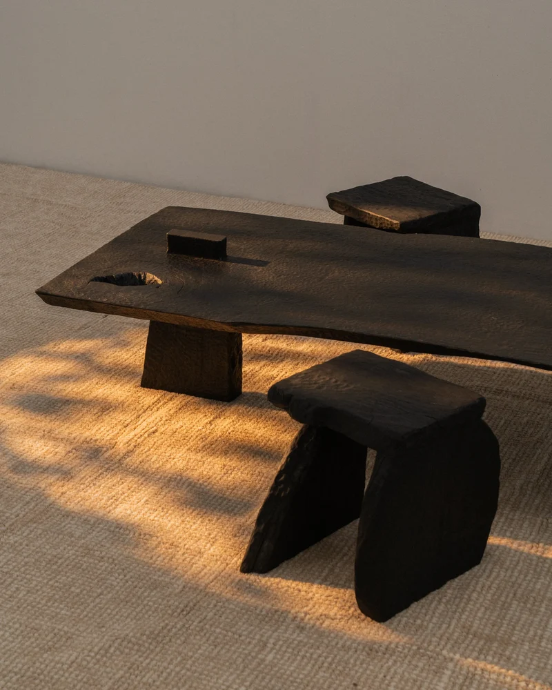 Hand Carved Massif Low Table in Charred Eucalyptus Wood