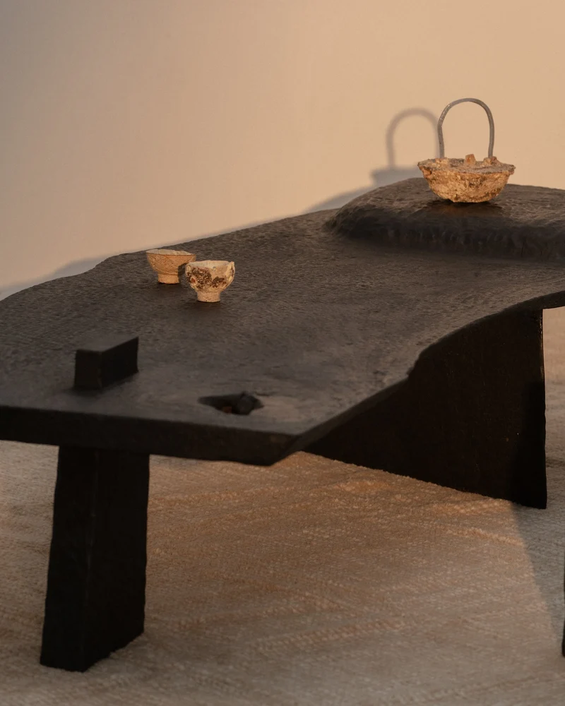 Hand Carved Massif Low Table in Charred Eucalyptus Wood