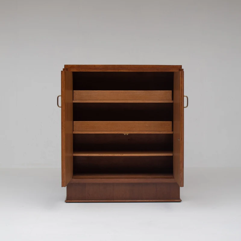 Mid-Century Oak Cabinet with Brass Handles and Decorative Inlays