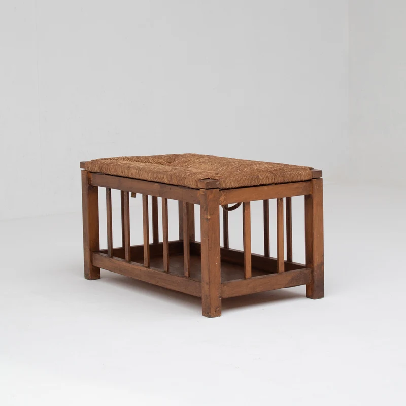 French Oak Storage Bench with Woven Rush Seat