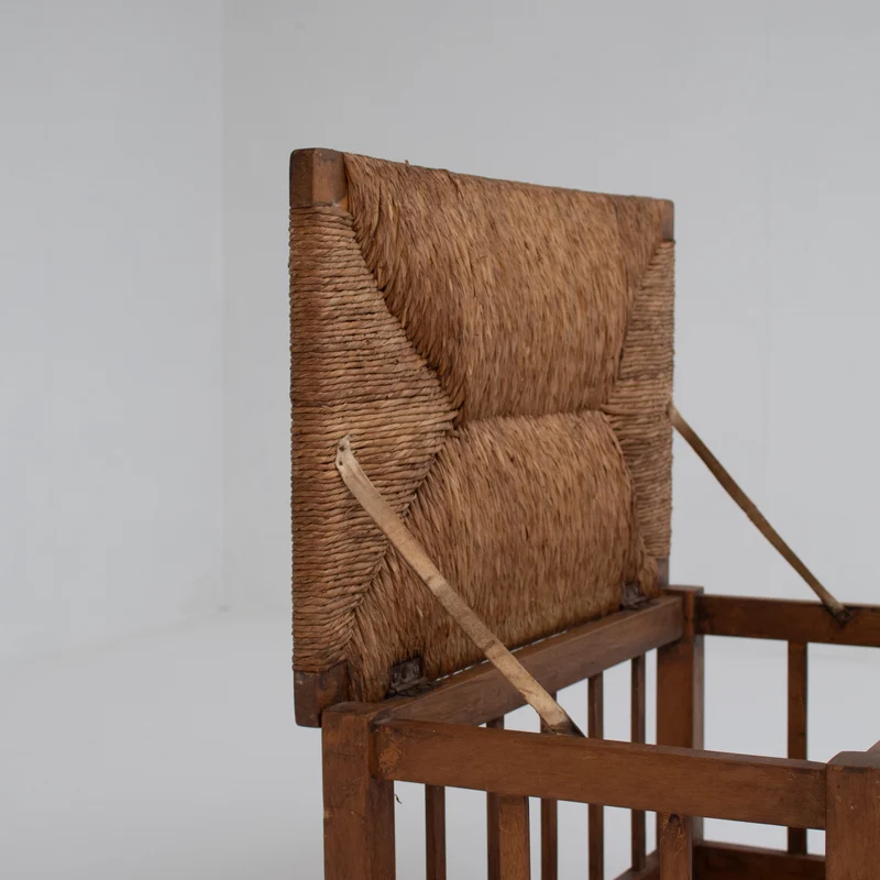 French Oak Storage Bench with Woven Rush Seat