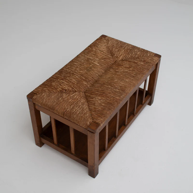 French Oak Storage Bench with Woven Rush Seat